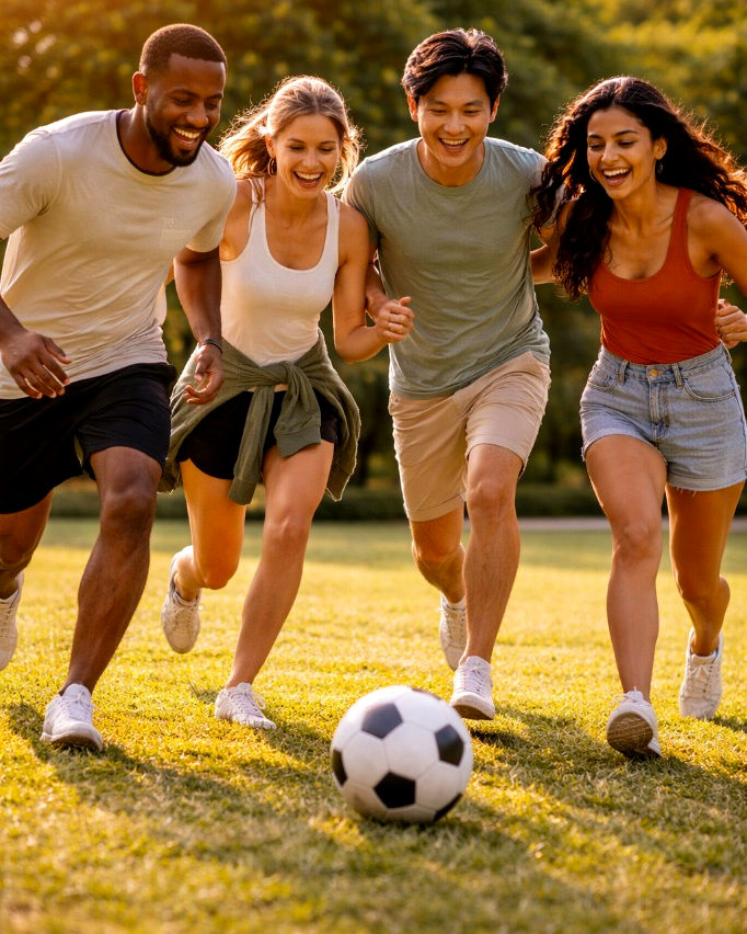 Friends playing soccer