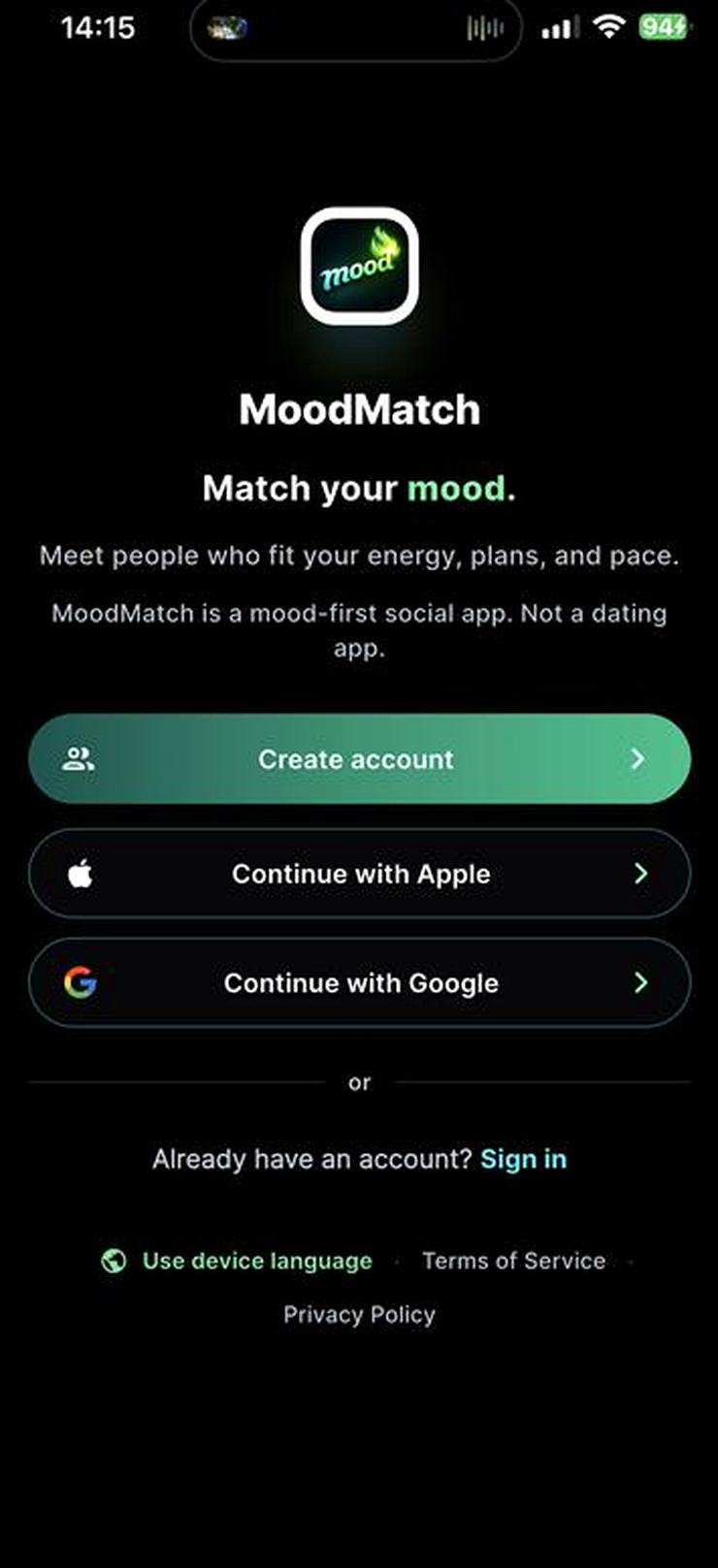 MoodMatch app — Match your mood sign-up screen